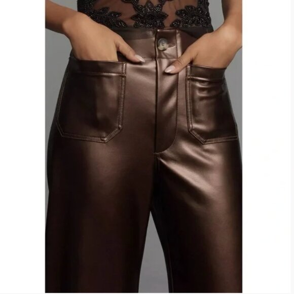 Anthropologie Maeve The Colette Wide Leg Pants Faux Leather Brown Shine 29 - Picture 3 of 12